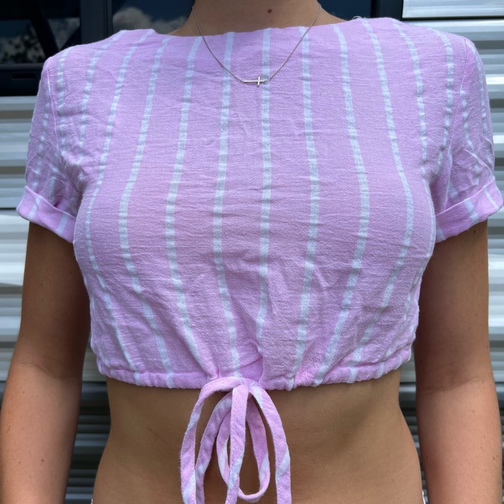 By The Way crop pink and white striped shirt with tie at the bottom